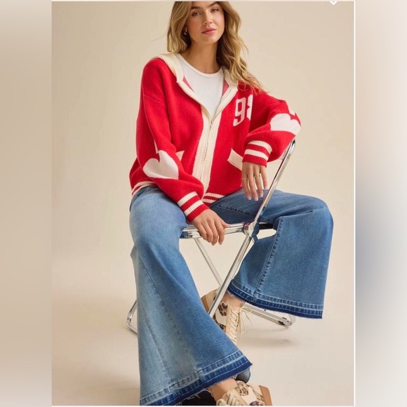 Altar'd State Red and Cream Varsity Knit Cardigan - Picture 2 of 7